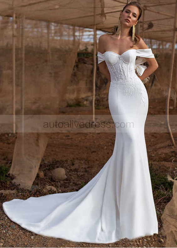 Off Shoulder White Lace Satin Corset Back Wedding Dress